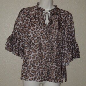 NWOT Sz XS Acrobat Brown Animal Print Silk Short Sleeve Blouse